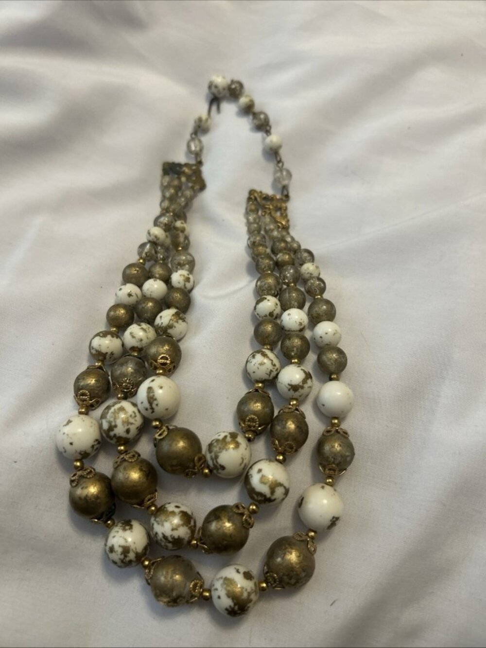 White And Gold Bead Triple Strand Necklace Office Cocktail Work Unique